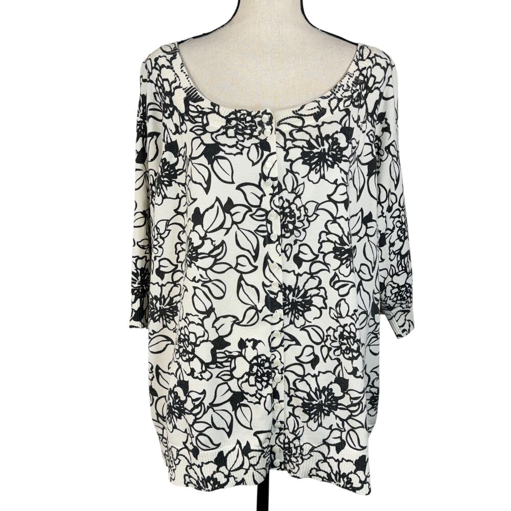 Lane Bryant SZ 26/28 Cardigan Button-Up Floral 3/4 Sleeves Stretch Boat Neck